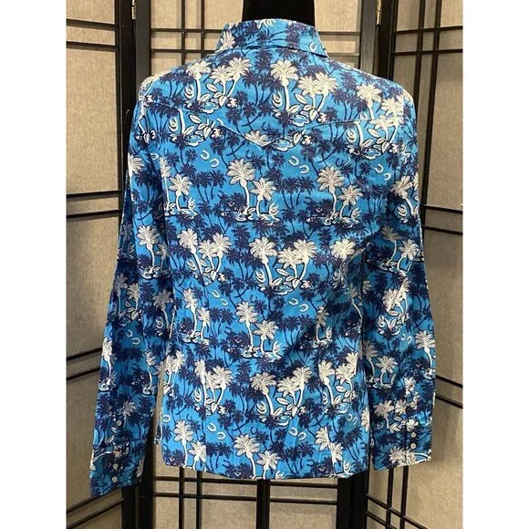 Roper Women's Blue Palm Tree Horseshoes rodeo ready Pearl Snap Western Shirt M - Picture 3 of 10